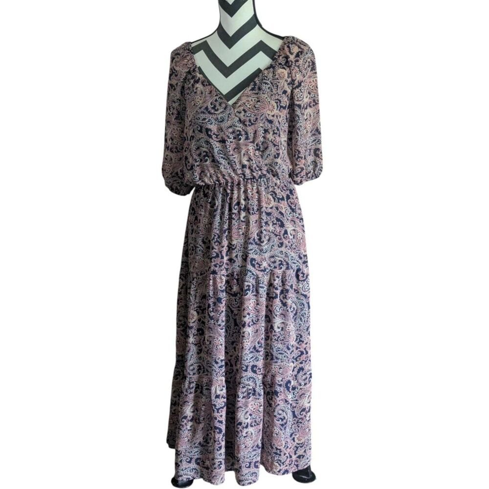 Luxology Paisley Print Maxi Dress S Pink Navy Tiered Off Shoulder/V-Neck Ruffle